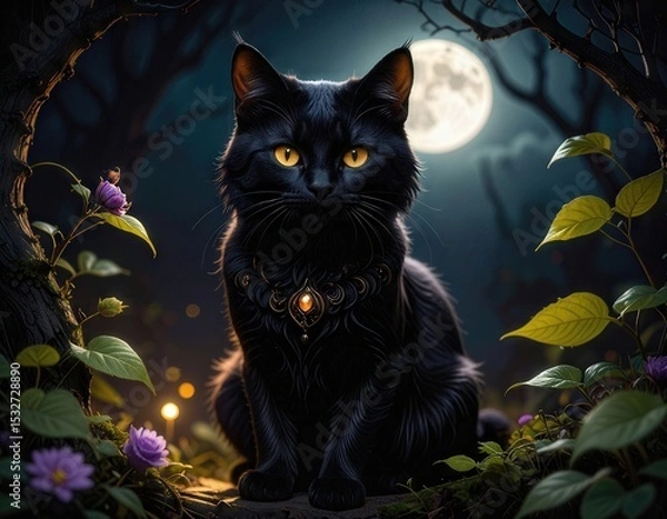 Fototapeta Mysterious Black Cat Under Full Moonlight in Fantasy Setting
