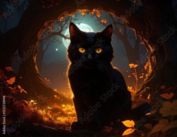 Fototapeta Black Cat Friday: Enchanting Nighttime Forest Scene with Golden Eyes