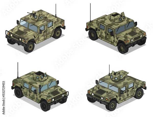 Fototapeta Isometric Camouflage Humvee Illustrations with Detailed Shading and Black Outlines