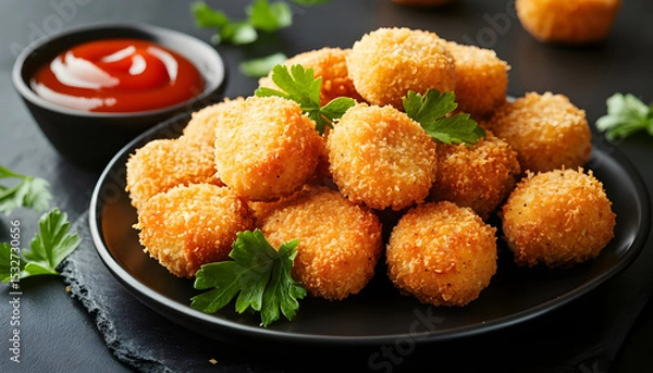 Obraz Close-up photo of fried chicken nuggets on black plate with red dipping sauce. Crispy golden brown nuggets with ketchup. Tasty fast food snack dinner