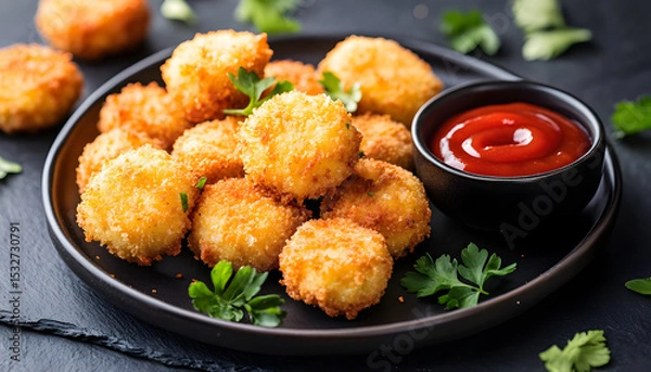 Obraz Close-up photo of fried chicken nuggets on black plate with red dipping sauce. Crispy golden brown nuggets with ketchup. Tasty fast food snack dinner