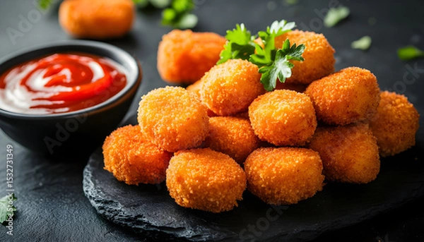 Obraz Close-up photo of fried chicken nuggets on black plate with red dipping sauce. Crispy golden brown nuggets with ketchup. Tasty fast food snack dinner