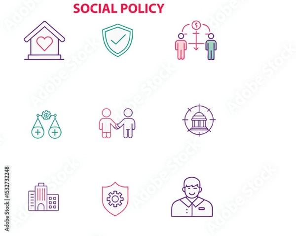Obraz Social Policy and Services Line Icon Set – Health, Education, Family, Rights Protection