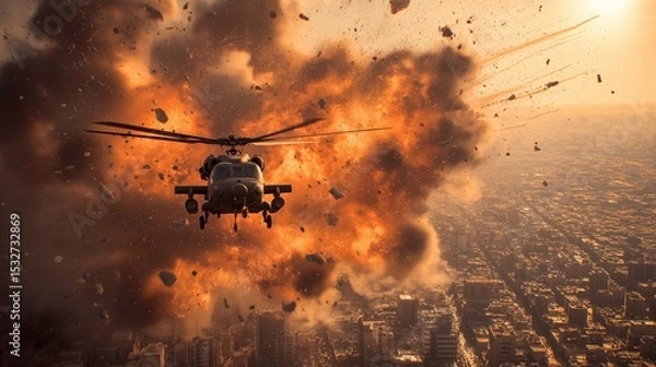 Obraz Helicopter escaping from the explosion in city with fire and debris during action movie scene