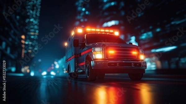 Obraz Ambulance with flashing emergency lights on city street at night