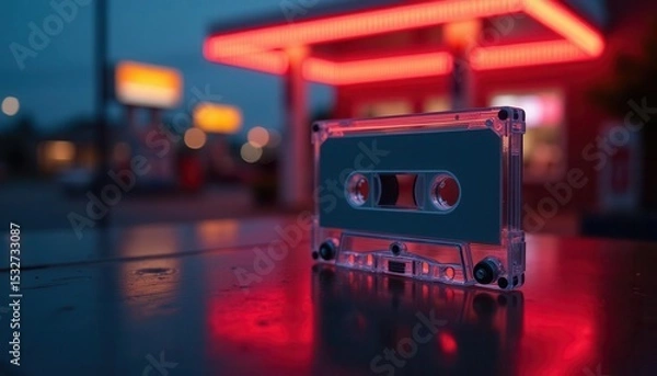 Obraz Retro cassette tape with neon lighting in a futuristic urban night setting, featuring vibrant colors and bokeh effects