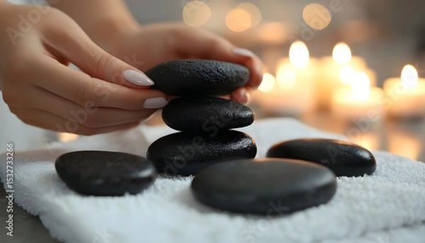 Obraz Hands prepare hot stones for relaxing massage in spa setting. Lit candles create ambient background for therapy, treatment. Calming ritual for health,