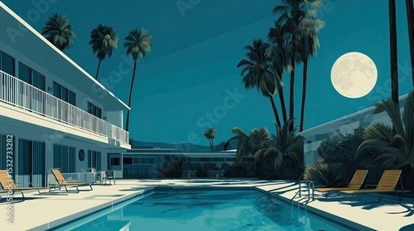 Obraz Mid-century modern hotel courtyard with swimming pool, retro flat illustration style, full moon night scene