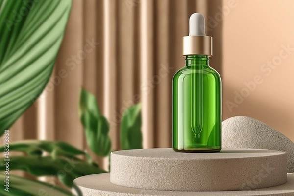 Obraz Green glass dropper bottle with blank label on a beige podium in minimal natural light setting