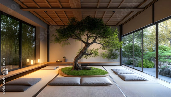 Obraz Tranquil meditation room featuring soft lighting, comfortable cushions. Bonsai tree, candles, creating peaceful atmosphere. Design evokes calmness relaxation