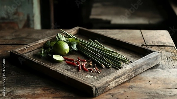 Fototapeta herbs and spices on an old wooden tray sitting on a worn wooden table herbs and spices include lemon grass lime leaves chili galangal and lime