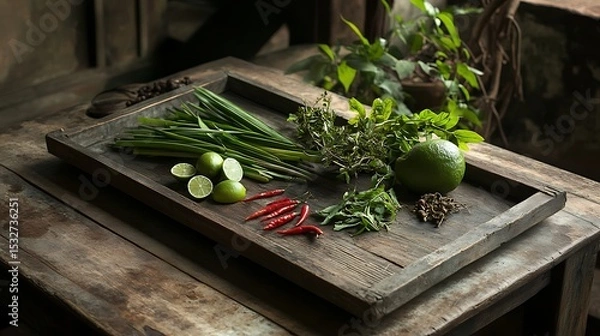 Fototapeta herbs and spices on an old wooden tray sitting on a worn wooden table herbs and spices include lemon grass lime leaves chili galangal and lime