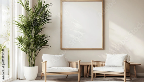 Obraz Minimalist waiting area interior with blank poster, chairs and bench. Neutral tones, bright daylight creates calm serene space. Modern design, perfect for office lobby or reception area