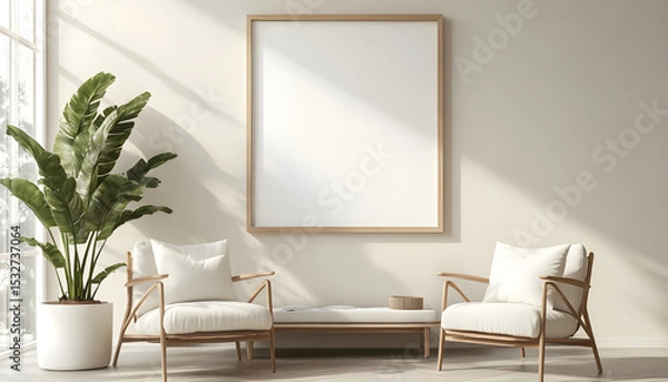 Obraz Minimalist waiting area interior with blank poster, chairs and bench. Neutral tones, bright daylight creates calm serene space. Modern design, perfect for office lobby or reception area