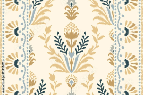Obraz Ikat flower pattern, oriental traditional ikat design on beige background, vector illustration in Aztec style with abstract background, perfect for texture, fabric, clothing, and decoration.