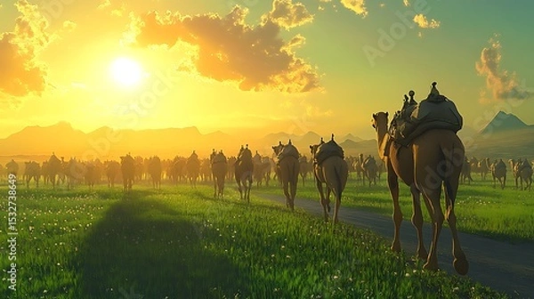 Fototapeta In the early morning on the sunny grassland a large group of camels walked majestically on the road