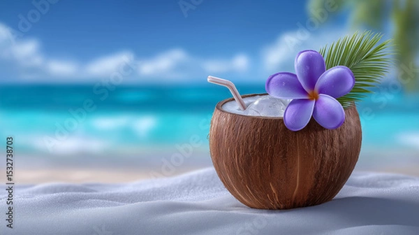 Obraz Coconut drink with straw and flower nestled in sand under bright sun. Blur of beach and sea in background. Concept of tropical relaxation, summer vacation, and beach resorts