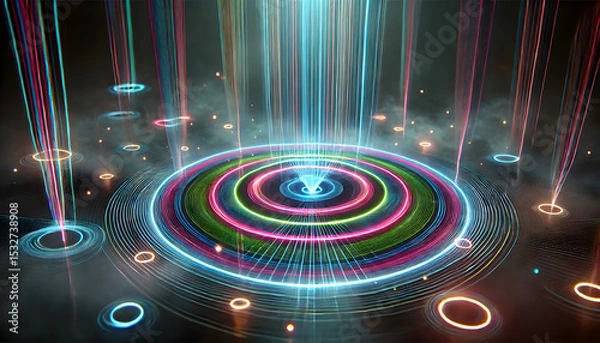 Fototapeta Glowing concentric rings and vertical light beams pulse across a smoky surface, forming a sci-fi or tech event backdrop..