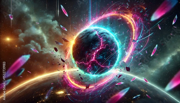 Fototapeta A glowing planet with neon cracks bursts apart in outer space, surrounded by colorful rings, debris, and energy trails..