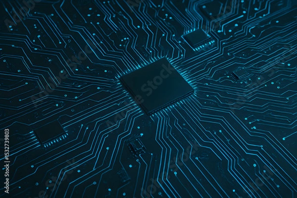 Fototapeta Detailed view of a central processing unit (CPU) mounted on a dark circuit board with glowing blue data paths..