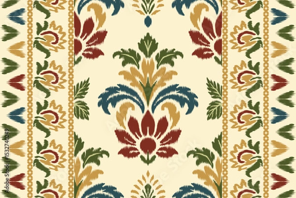 Obraz Floral ikat seamless pattern with ethnic embroidery and Aztec elements, perfect for traditional textile illustration and stylish fabric design.
