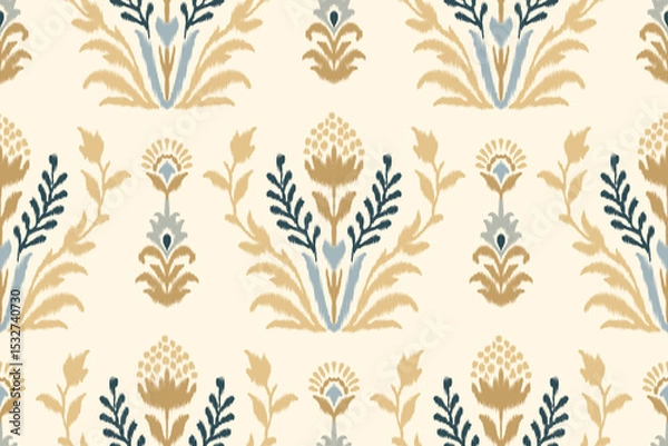 Obraz Ikat flower pattern, oriental traditional ikat design on beige background, vector illustration in Aztec style with abstract background, perfect for texture, fabric, clothing, and decoration.