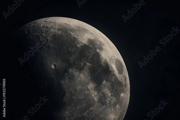 Fototapeta High-resolution image of the moon’s cratered surface under sunlight, showing texture, shadows, and the vast darkness of space..