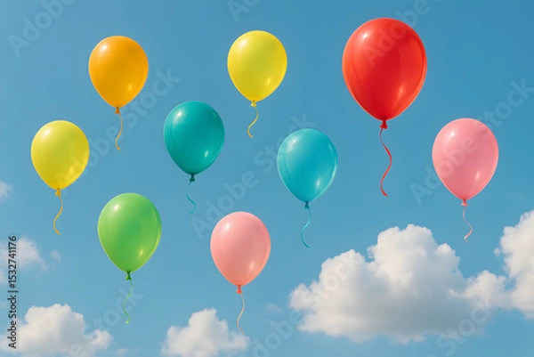 Fototapeta Bright helium balloons in various colors drift in a blue sky with scattered clouds, evoking a joyful and festive mood..
