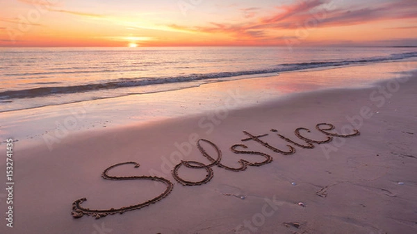 Obraz  Solstice word written in wet sand, serene beach sunset or sunrise on the background.