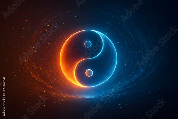 Fototapeta Futuristic glowing yin yang floats in a space vortex, blending ancient symbolism with cosmic and tech-inspired visuals..