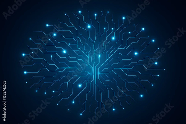 Fototapeta A symmetrical branching structure of glowing circuits on dark blue background, symbolizing neural networks or AI intelligence..