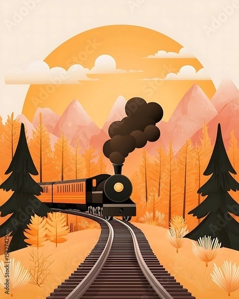 Obraz Flat Art Train Illustration with Speed Motion and Smoke for Logistics and Transportation Themes, symbolizing fast transport, logistics, and industrial shipping. Ideal for modern transport concepts.