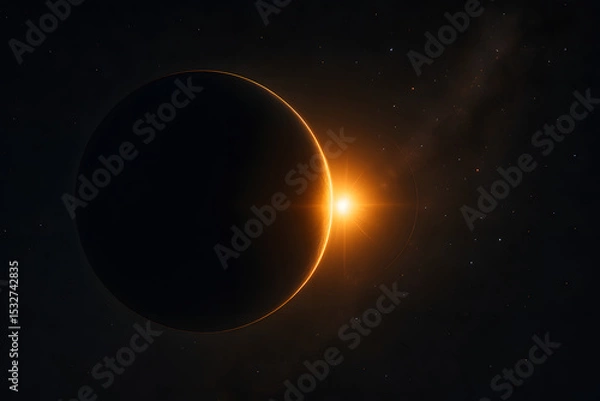 Fototapeta A large dark planet eclipses the sun, casting a glowing flare into surrounding space against a backdrop of distant stars..