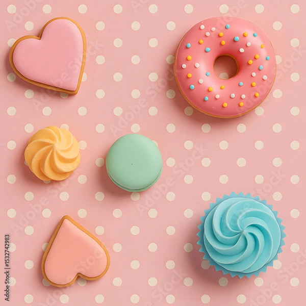 Fototapeta Cute pastel cookies, macarons, and cupcakes arranged on a pink polka dot surface in a flat lay dessert composition..