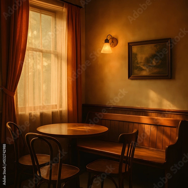 Fototapeta Wooden table and chairs in a sunlit corner of a cozy, nostalgic cafe interior with warm lighting and curtains..