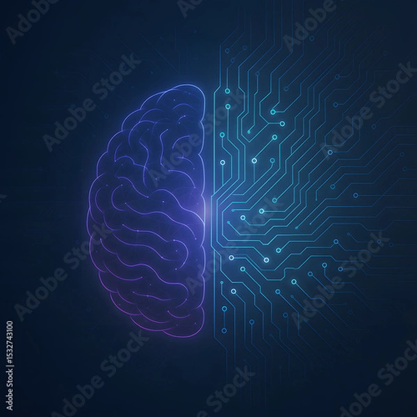 Fototapeta A glowing brain seamlessly transitions into a digital circuit board, symbolizing the fusion of AI and machine logic..