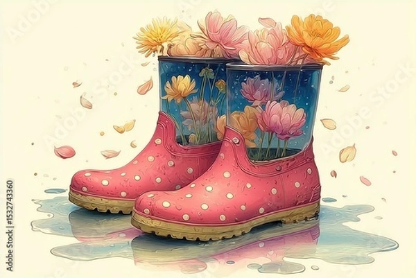 Fototapeta Colorful rain boots filled with blooming flowers create a vibrant spring display indoors or outdoors