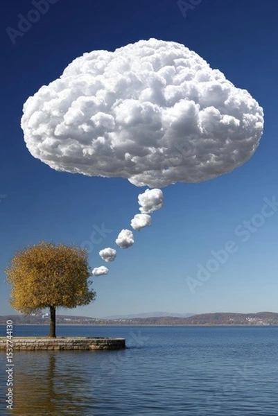 Obraz Serene autumn tree with thought bubble cloud over calm lake