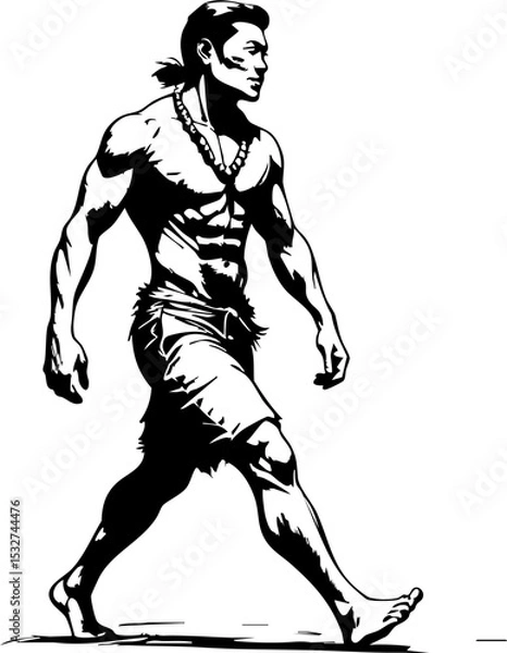 Fototapeta Dynamic male figure walking urban setting art monochrome style side view energy and movement