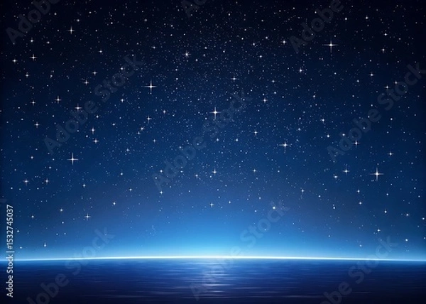 Fototapeta A Serene Nightscape: Starry Sky Reflecting on Tranquil Waters, an Ethereal Glow Illuminating the Horizon, Creating a Dreamlike Atmosphere of Peace and Wonder with a Cosmic Tapestry Above