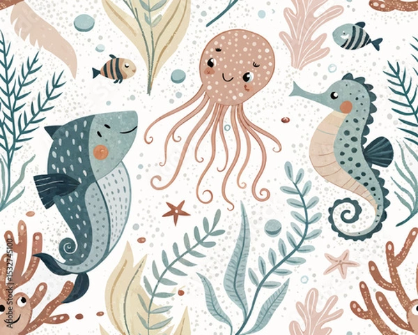 Fototapeta Seamless Scandinavian Underwater Vector Illustration – Cute Hand-Drawn Ocean Animals Pattern for Nursery, Kids Decor, Print fabrics, textile and background