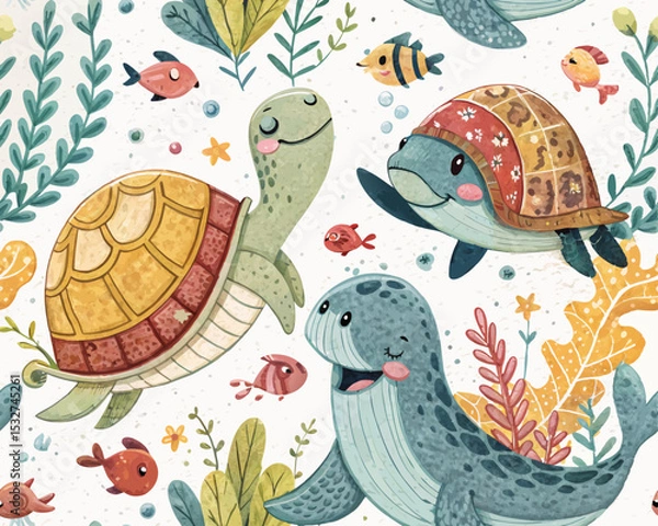 Fototapeta Seamless Scandinavian Underwater Vector Illustration – Cute Hand-Drawn Ocean Animals Pattern for Nursery, Kids Decor, Print fabrics, textile and background
