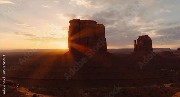 Fototapeta Sunset casts warm hues over the Monument Buttes in Monument Valley, Utah, creating a stunning desert landscape, Generative AI.