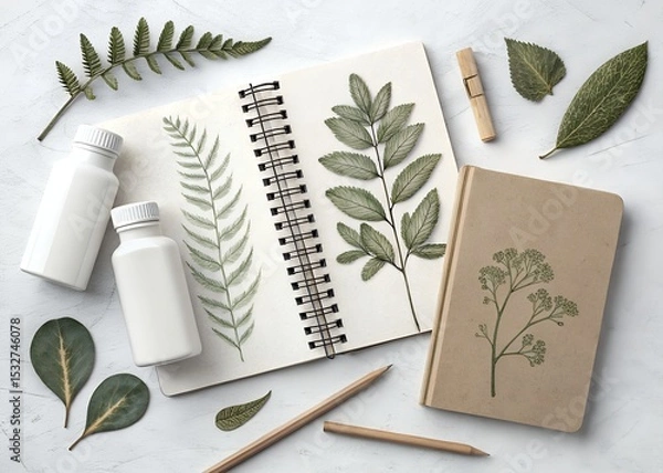 Fototapeta Flatlay of botanical elements with blank notebooks and bottles