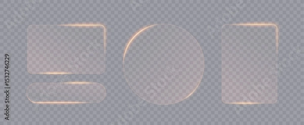 Fototapeta Gold light frame banner set on transparent background. Liquid glass plate for mobile phone ux, web interface, tech and hud. Rectangle and circle light frame with shine and reflect, vector illustration