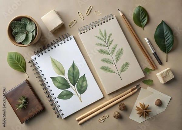Fototapeta Flatlay of notebooks with botanical illustrations and stationery