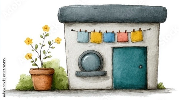 Fototapeta Clothes drying on a clothesline in front of house, picture of domestic tranquility