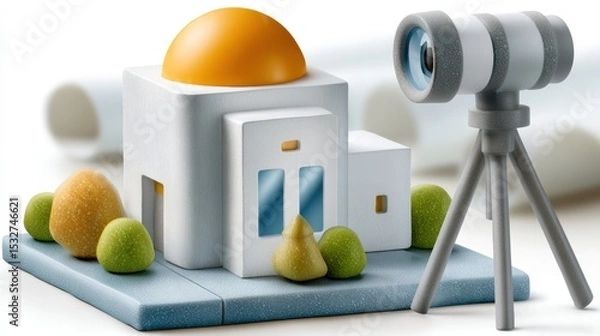 Fototapeta Camera, pear, and miniature house, a still life photography composition exploring themes of home visual storytelling