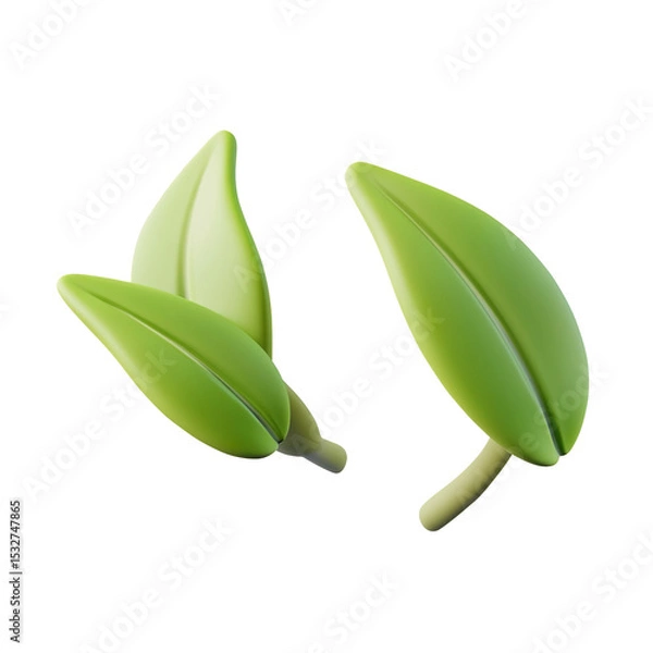 Obraz 3D Three Green Leaves Isolated on White on a Transparent Background