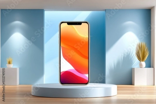 Fototapeta Modern smartphone displayed in an elegant minimalist setting with bright accents